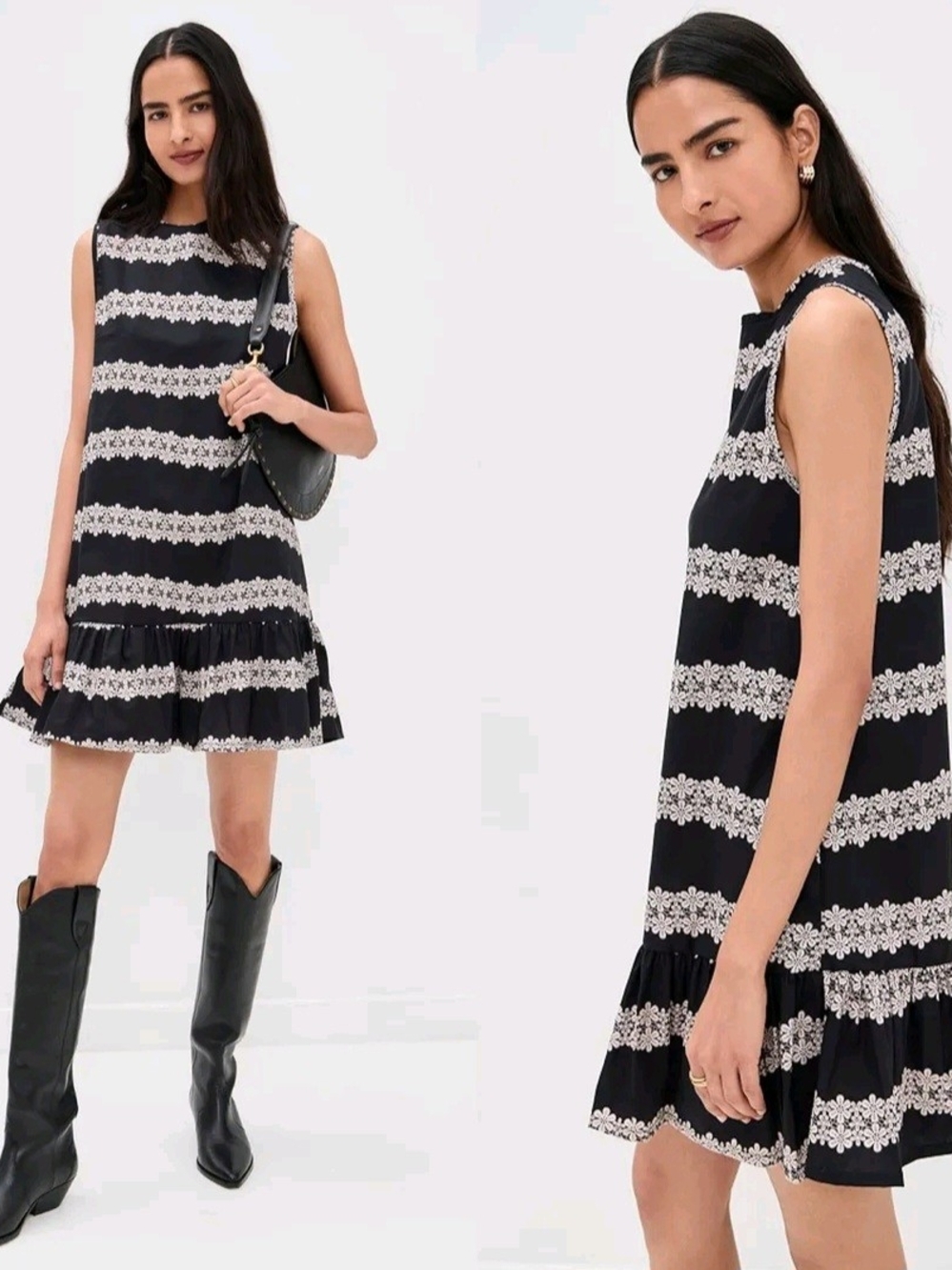 Anthropologie Black Mini Dress with Cream Lace Stripes